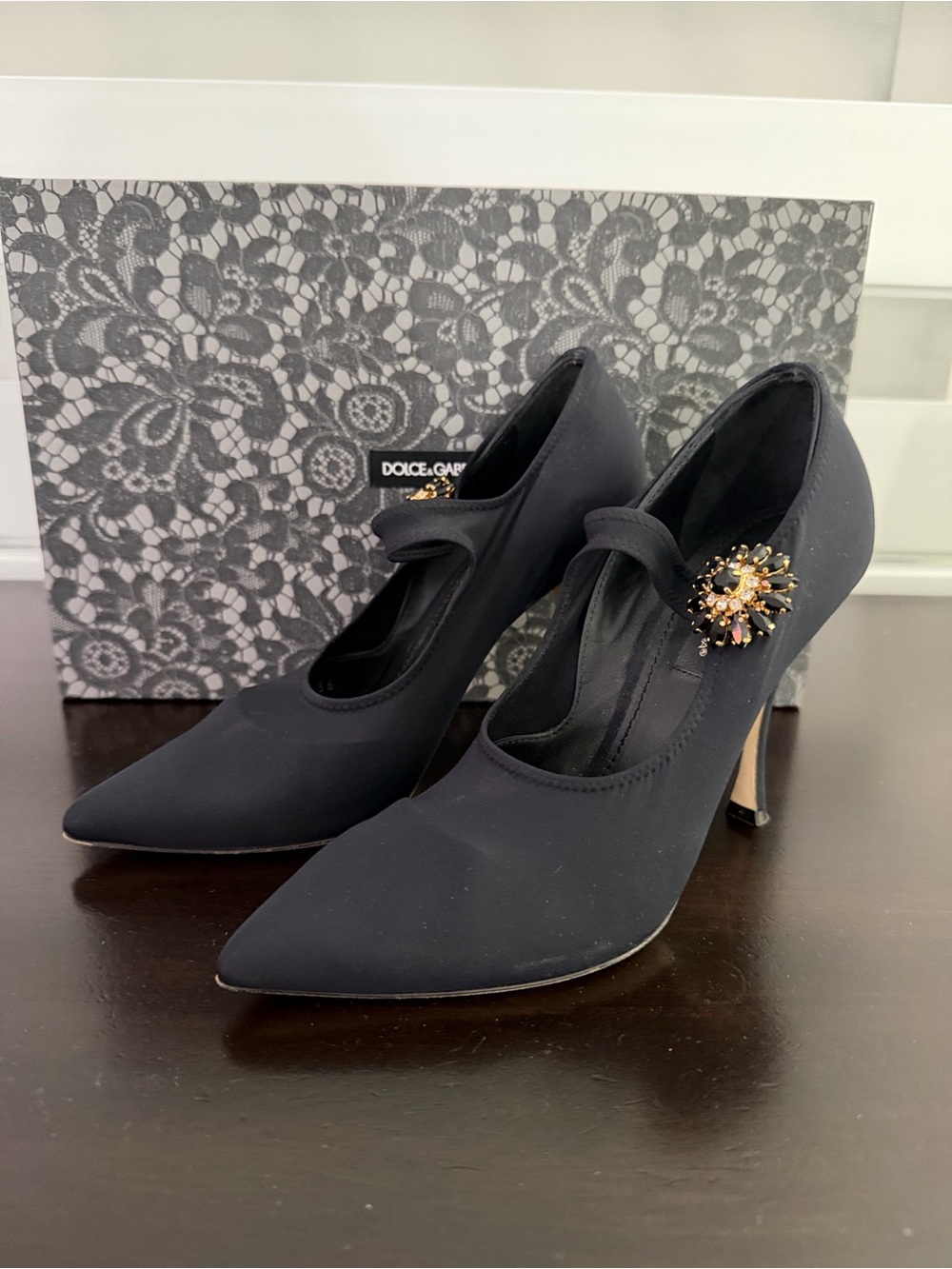Dolce & Gabbana Black Satin Mary Jane Pumps with Jeweled Brooch
